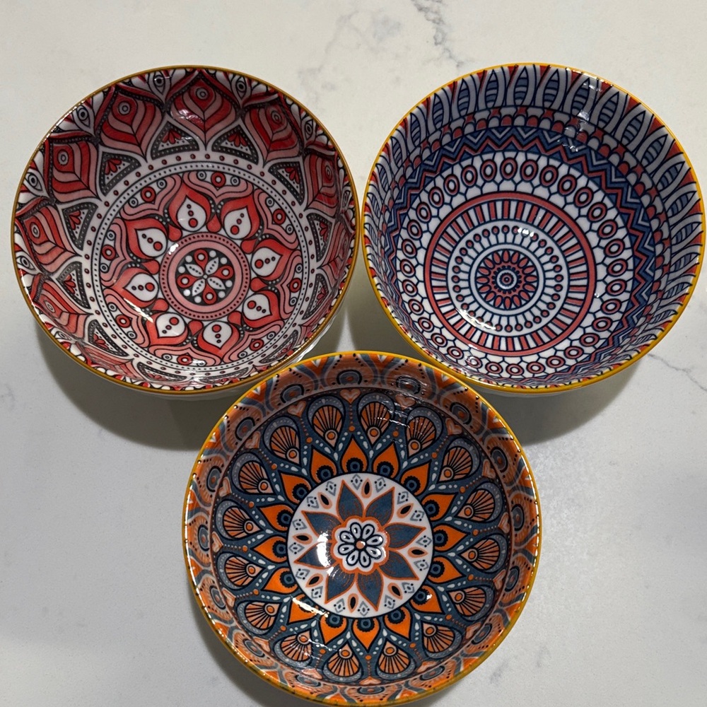 Hand-Painted Mandala Ceramic Bowls - Set with Red, Blue & Orange Designs 3 Bowls